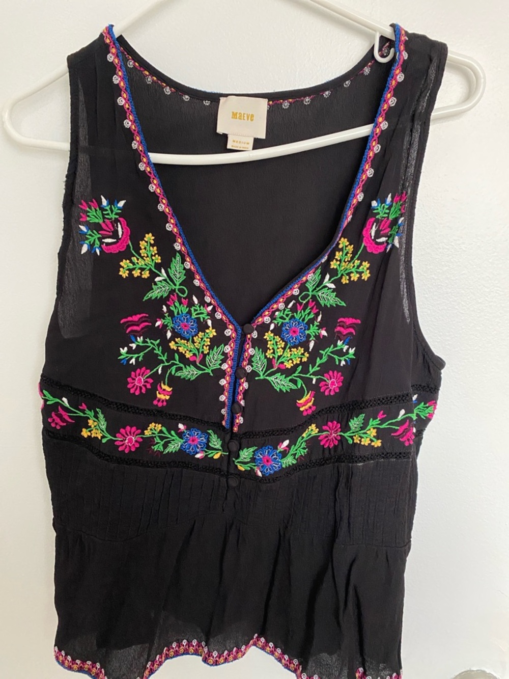 Maeve Black Floral Embroidered V-Neck Tank with Bright Accents